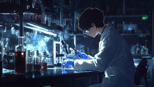 Focused lab researcher in blue lit futuristic laboratory.
