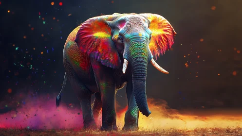 Colorful digital elephant against dark atmospheric background.