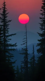 Smoky mountain sunset isolates magenta sun behind conifer silhouettes