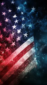 Abstract American flag dissolves into cosmic nebula field