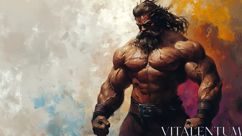 Muscular warrior in painterly chiaroscuro stands in profile