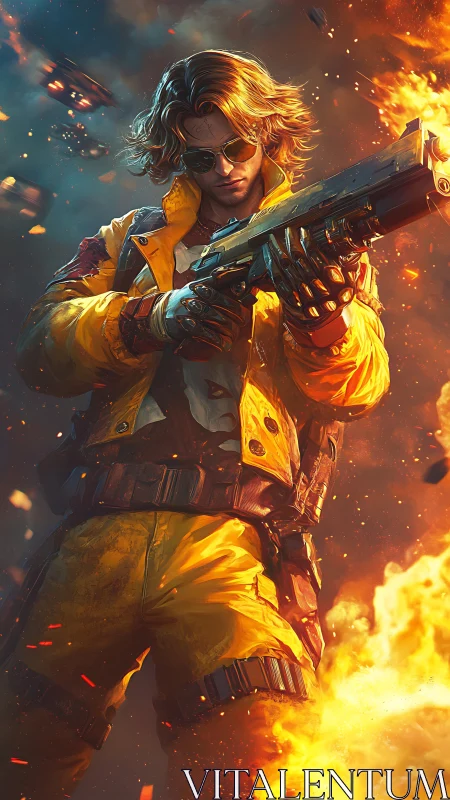 Rebel in yellow strides through fire with cool resolve.