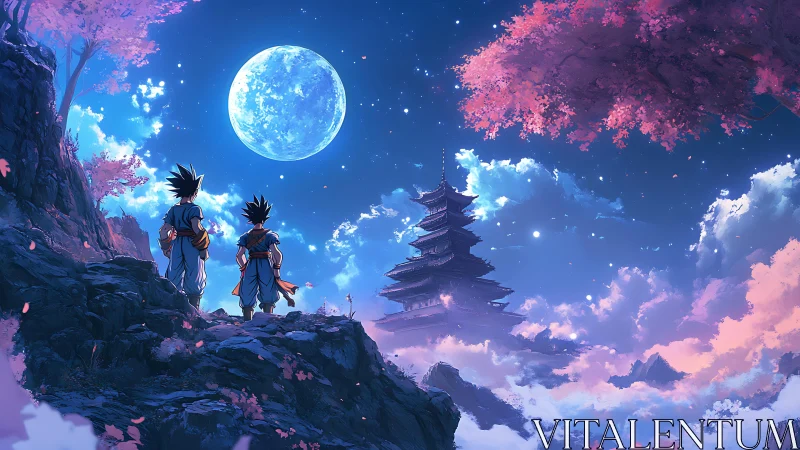 Moonlit warriors beneath cherry clouds and silent pagoda.