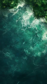 Top view of dense green shoreline above turbulent water.