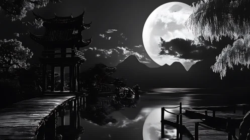 Moonlit lakeside pagoda glows softly against distant peaks