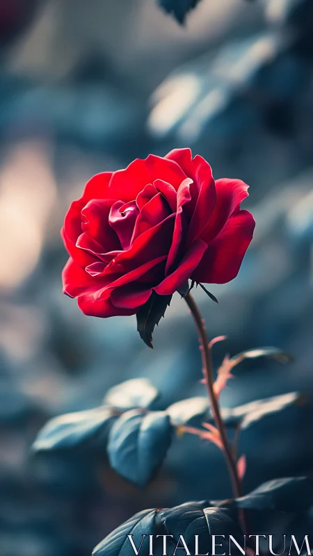 Crimson rose close-up with teal bokeh foliage background.