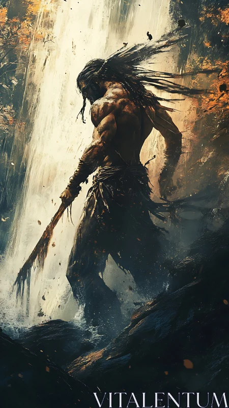Warrior in the waterfall storm, caught between roar and calm.