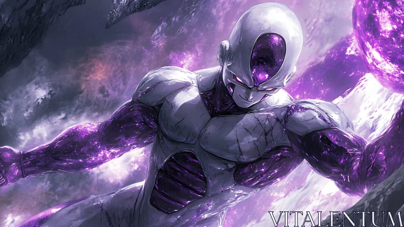 Cosmic armored warrior channels radiant violet energy storm