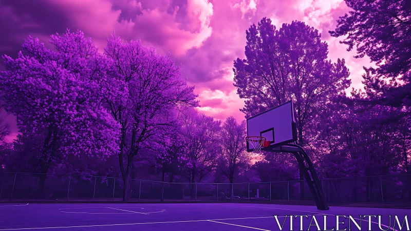 Dreamy purple basketball court beneath glowing sunset sky.