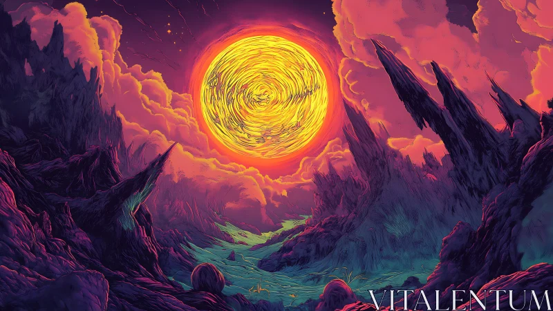 Glowing alien sun over a dreamy neon canyon landscape.