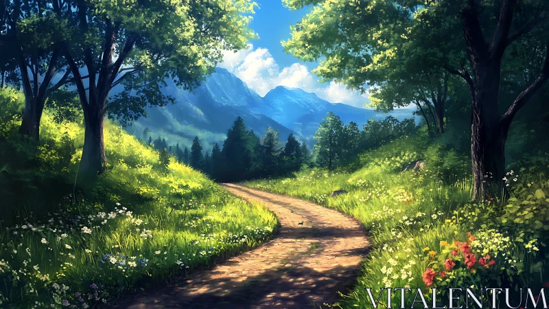 Sunlit forest path winding toward distant blue mountains.