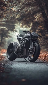 Sleek custom motorcycle waiting on a quiet forest road.