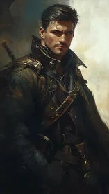 Rugged leather-clad wanderer in chiaroscuro portrait study.