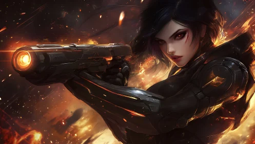 Cybernetic huntress aims blazing handgun amid firestorm.