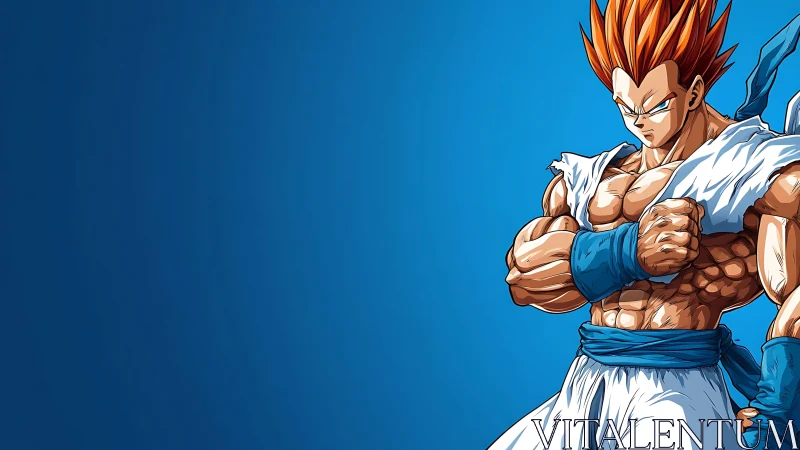 Powerful anime warrior stands ready against blue backdrop.