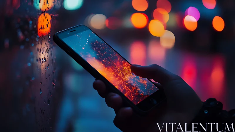 Smartphone screen glowing against neon city bokeh at night.