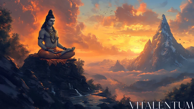 Peaceful mountain meditation at sunrise above soft clouds.