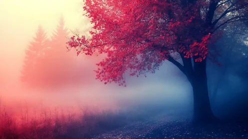 Vibrant crimson tree dominates a misty, color-split forest
