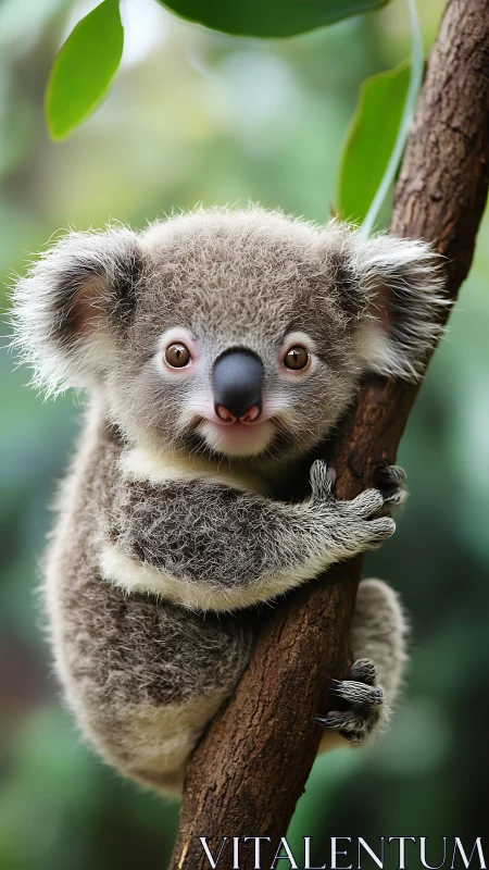 Sweet baby koala cuddling a tree in soft green light.