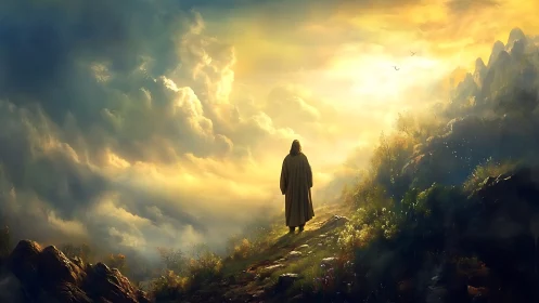 Solitary robed figure walks toward radiant golden horizon