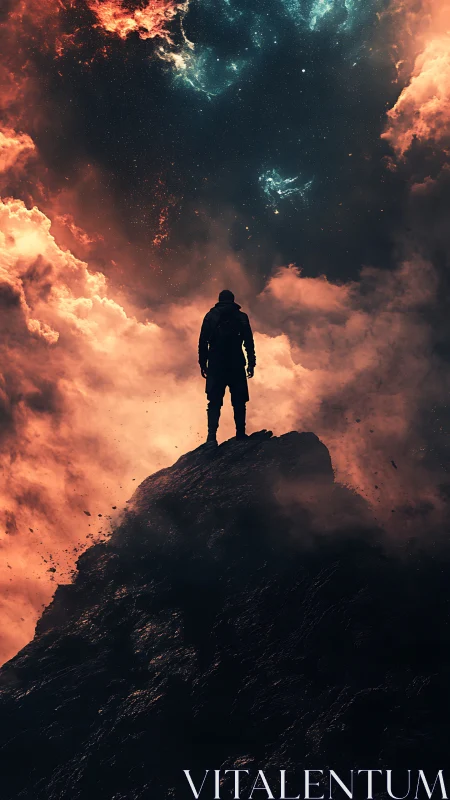 Lone figure on dark peak under fiery cosmic sky.