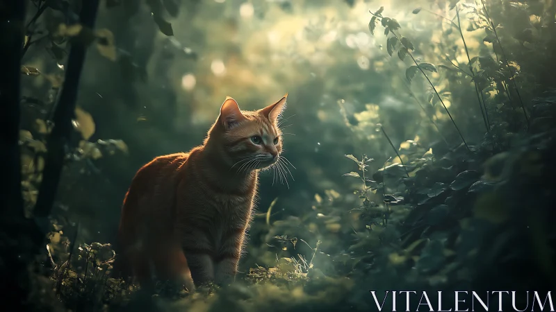 Ginger cat navigating through dense forest undergrowth in soft golden light