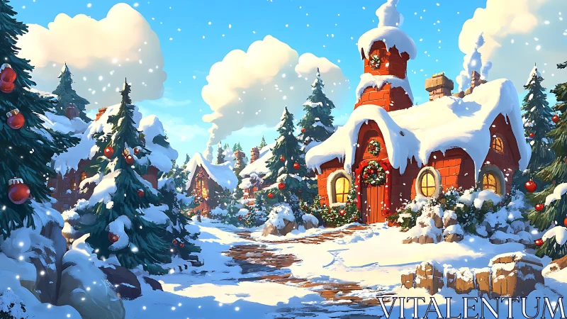 Snowy Christmas cottage under bright winter sky.