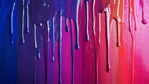 Vertical drips of neon acrylic paint map a cool‑to‑warm gradient