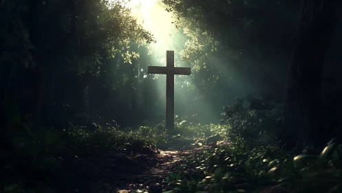 Soft morning light finds a wooden cross in a quiet forest glade