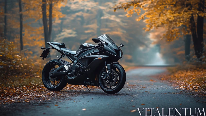 Sport motorcycle stands on misty autumn forest road in contrast