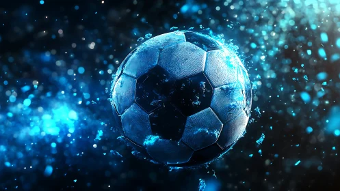 Soccer ball in blue particle field with illuminated details.