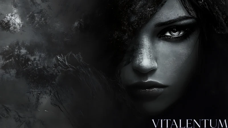 Storm-eyed shadow siren emerging from grayscale dusk.