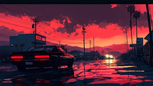 Muscle car glows against neon red sunset city street.