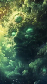 Cosmic nebula face with glowing emerald celestial core.