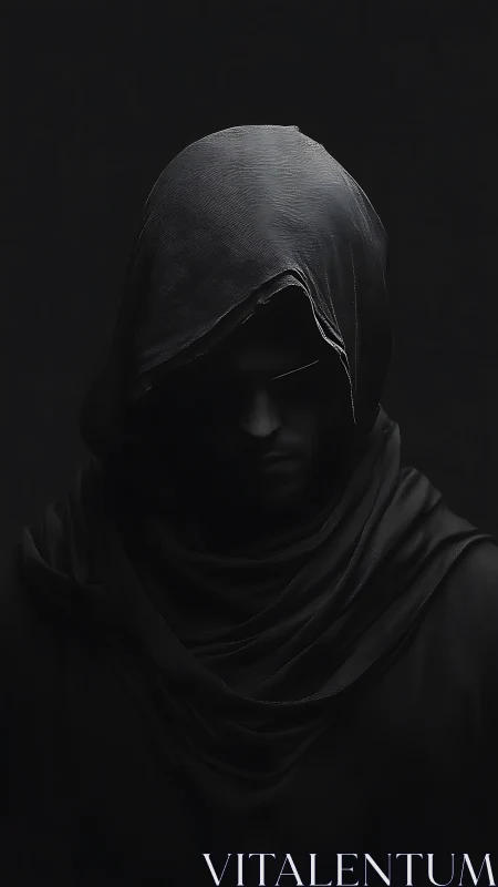 Mysterious hooded figure wrapped in deep shadowed cloth.