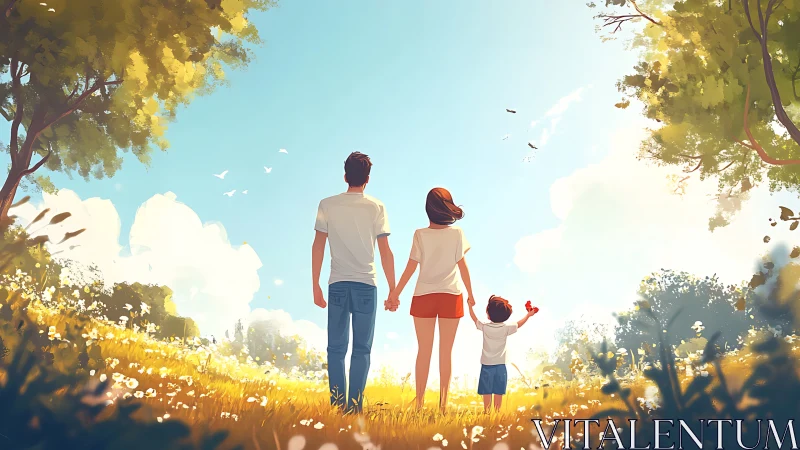 Family group viewed from behind in sunlit meadow landscape.