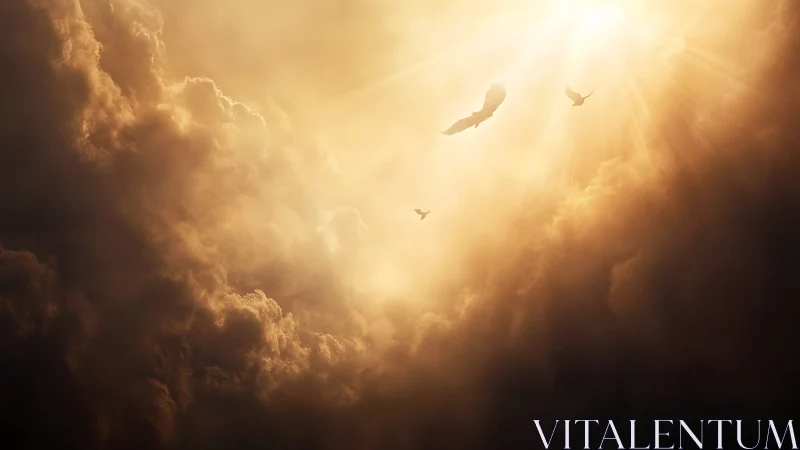 Cloud layer with backlit sunrays and distant flying birds.