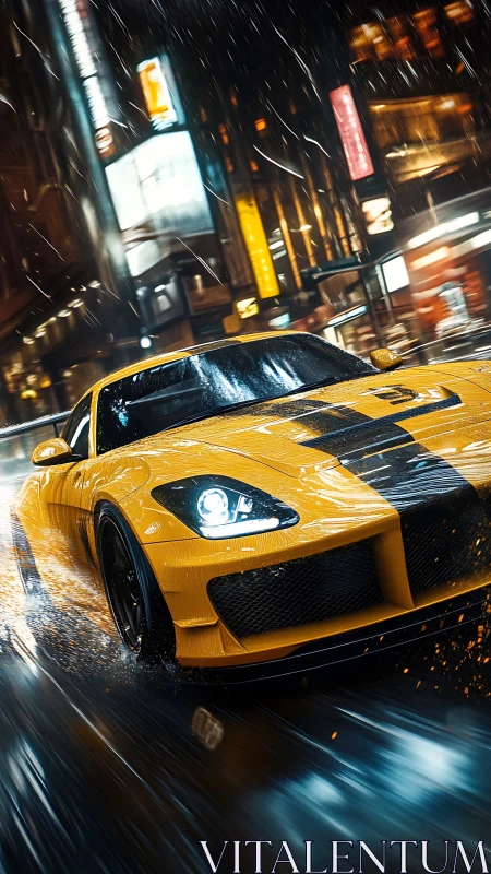 Yellow sports car racing through neon lit wet city street.