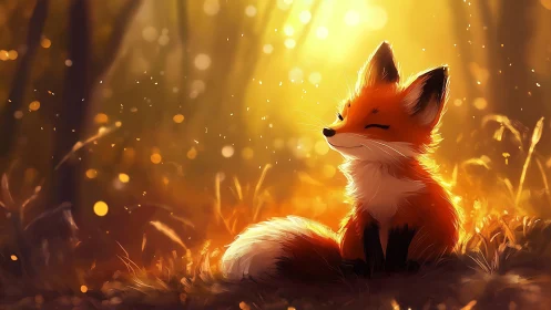 Radiant fox resting in golden backlit forest clearing.