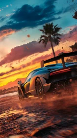 Supercar storms a coastal road under blazing sunset skies.