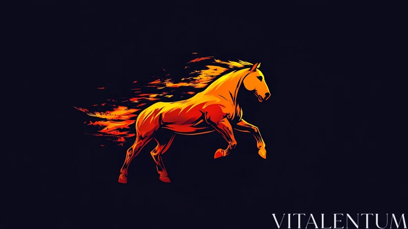 Fiery stylized horse sprinting across dark background.