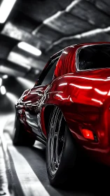 Red muscle car cuts tunnel with chrome reflections blazing.