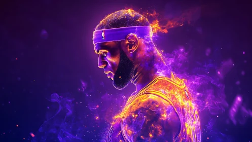 Incandescent basketball portrait in neon purple blaze.