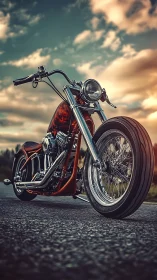 Custom chrome motorcycle gleams under dramatic sunset sky.