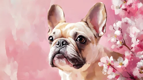 French bulldog gazes softly amid pink cherry blossoms.