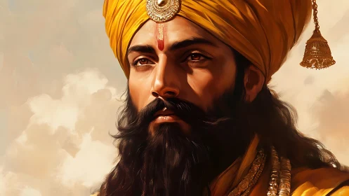 Sunlit turbaned noble in high-resolution digital portrait.
