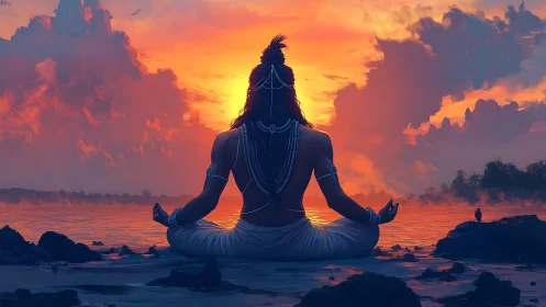 Backlit yogic silhouette in chromatic sunset atmospheric field.