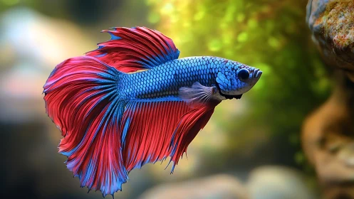Vivid blue and red betta fish gliding through soft bokeh.