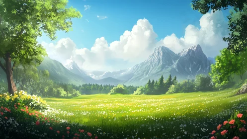 Mountain meadow landscape with trees, flowers, and clouds.