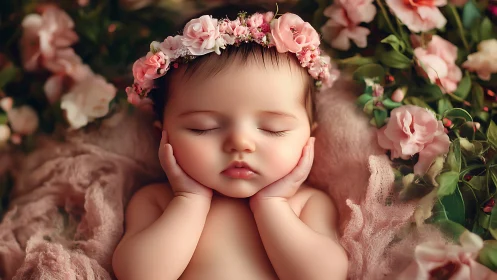 Sleeping Infant Crowned in Pink Flowers.